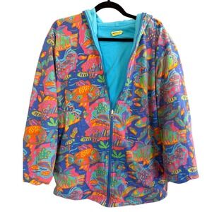 VTG Done Art & Design Hooded Jacket Women L Blue Fishes Art To Wear Maximalist
